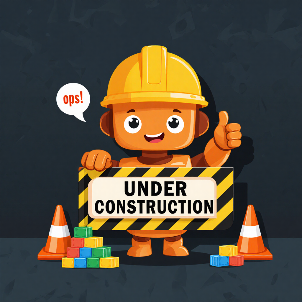 A cheerful robot in a hard hat holding an Under Construction sign